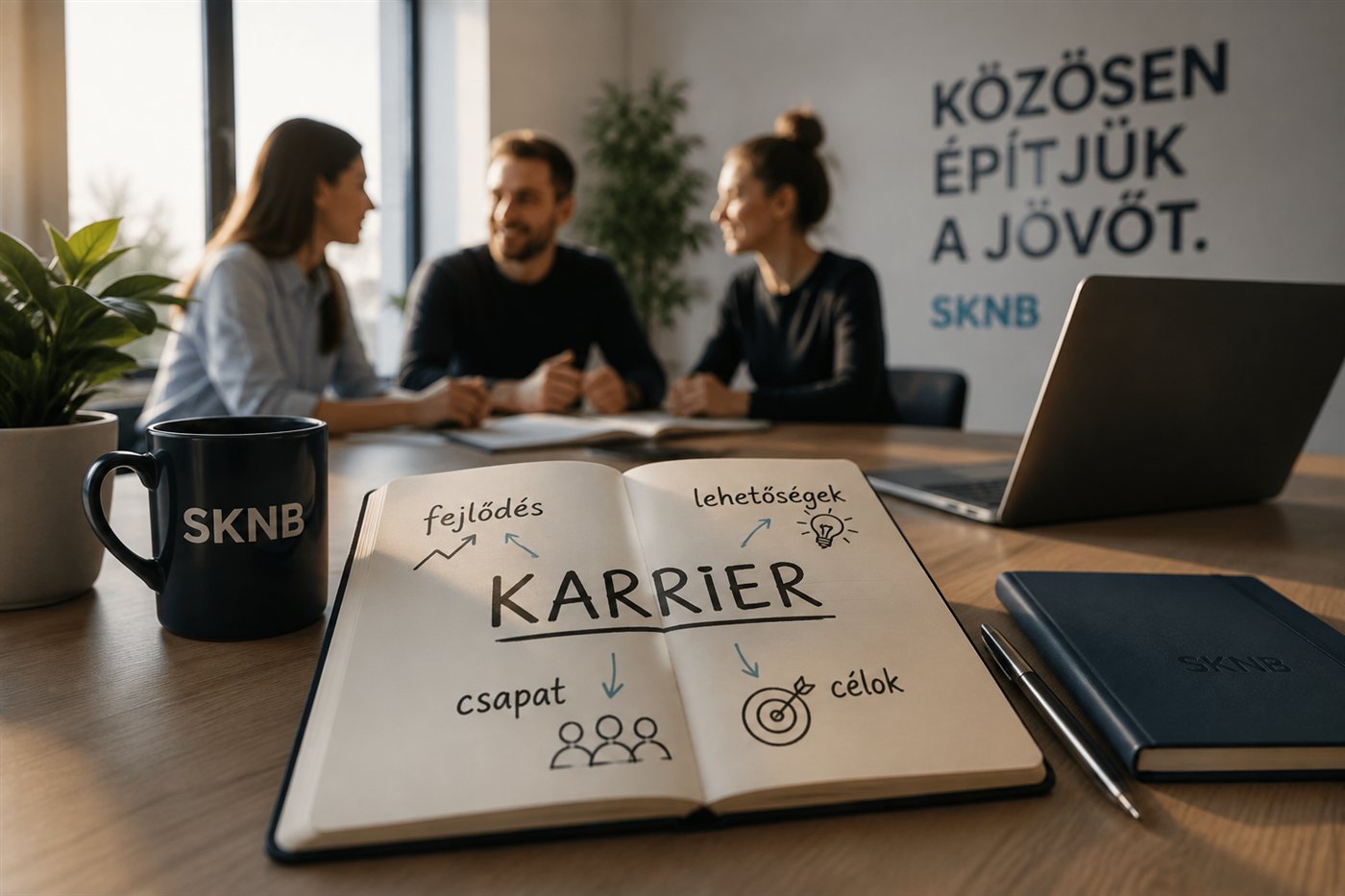 Karrier az SKNB-nél — csapatmunka az irodában, jegyzetfüzet a fejlődés, lehetőségek, csapat, célok szavakkal