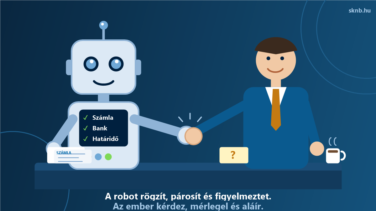 Egy barátságos robot és egy könyvelő kezet fog egy íróasztal fölött; a robot előtt számlák, a könyvelő előtt kávé és egy kérdőjeles jegyzet