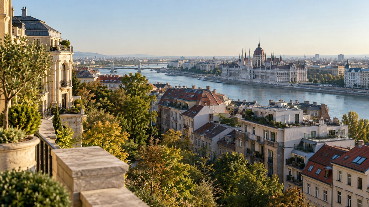 Budapesti panoráma a budai domboldalról: lakóházak, a Duna és a Parlament.