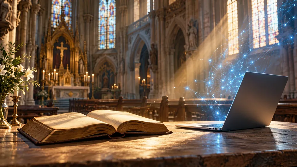 Nyitott régi Biblia és laptop egy gótikus templom oltára előtt; a laptopból fénylő hálózati vonalak szállnak a színes üvegablakok felé.