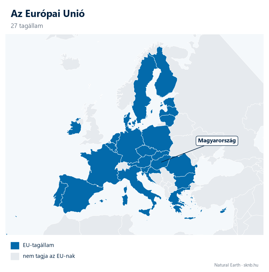 Európa-térkép: az Európai Unió 27 tagállama kékkel kiemelve, Magyarország megjelölve.